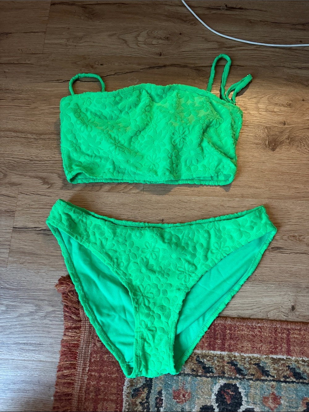 No Boundaries Neon Green Floral Textured Bikini Set